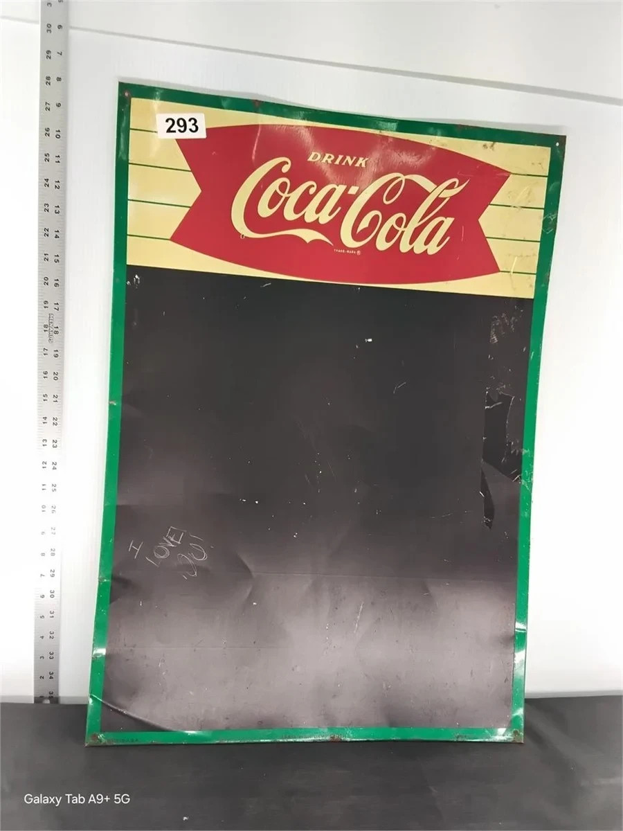 Coca Cola Green Border Fishtail Logo Chalkboard Sign vintage soda 28″ 1963 metal
