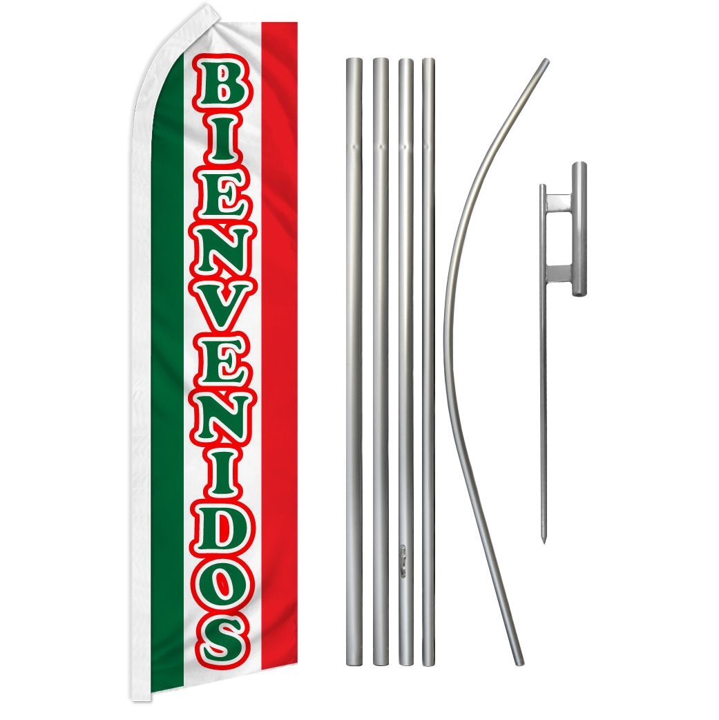 “BIENVENIDOS” Advertising Super Flag & Pole Kit white sleeve welcome