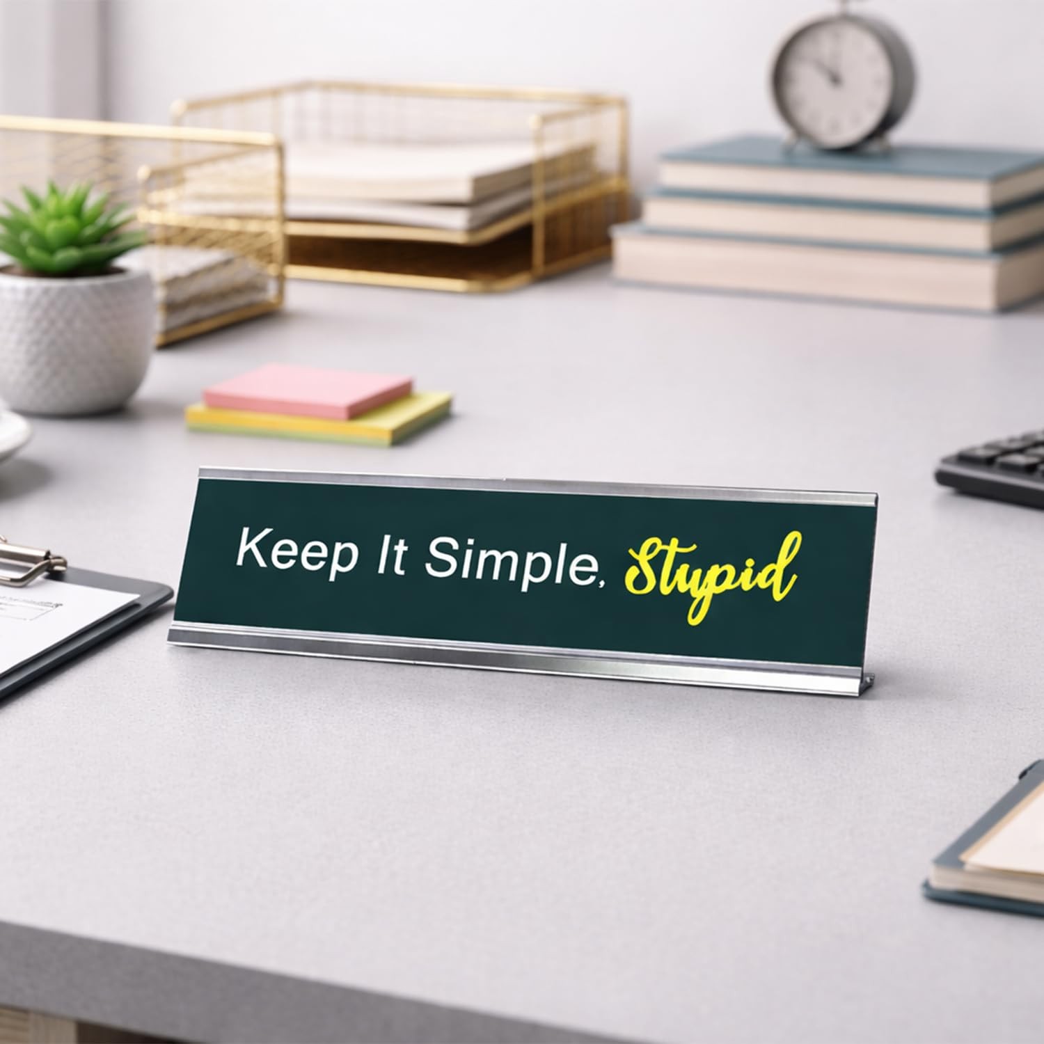 Keep it Simple, Stupid, Green Silver Frame, Desk Sign (2×8“)