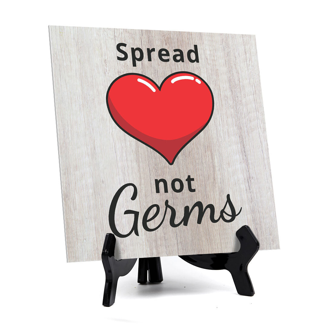 Signs ByLITA Spread Love Not Germs, Wood Color, Square Table Sign (5″ x 5”)