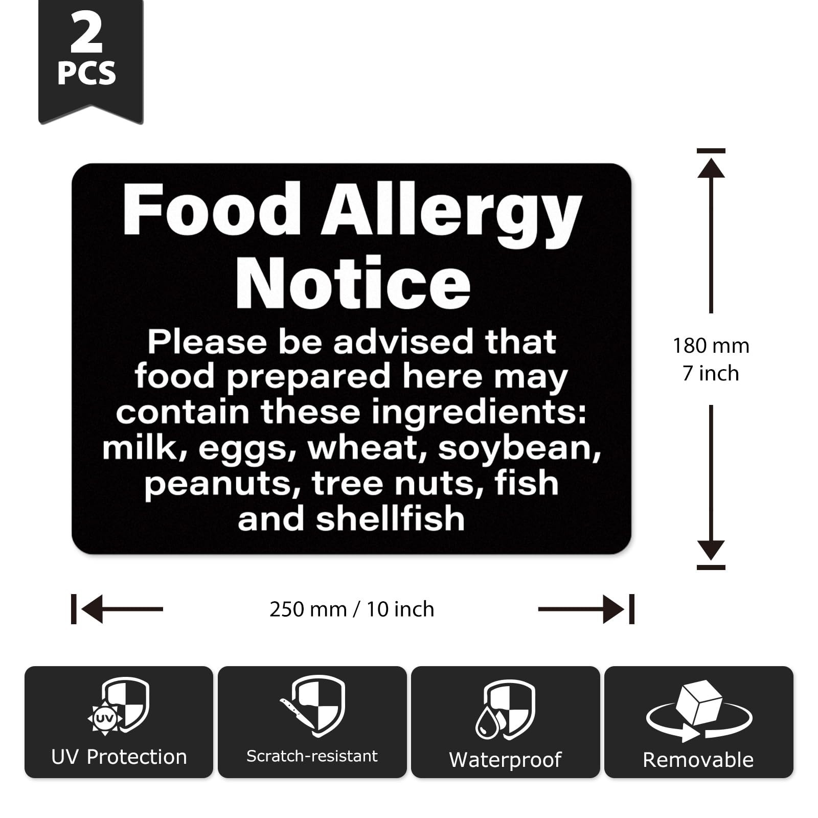 2 PCS Food Allergy Notice Sign 107 Inches PVC Self Adhesive Waterproof