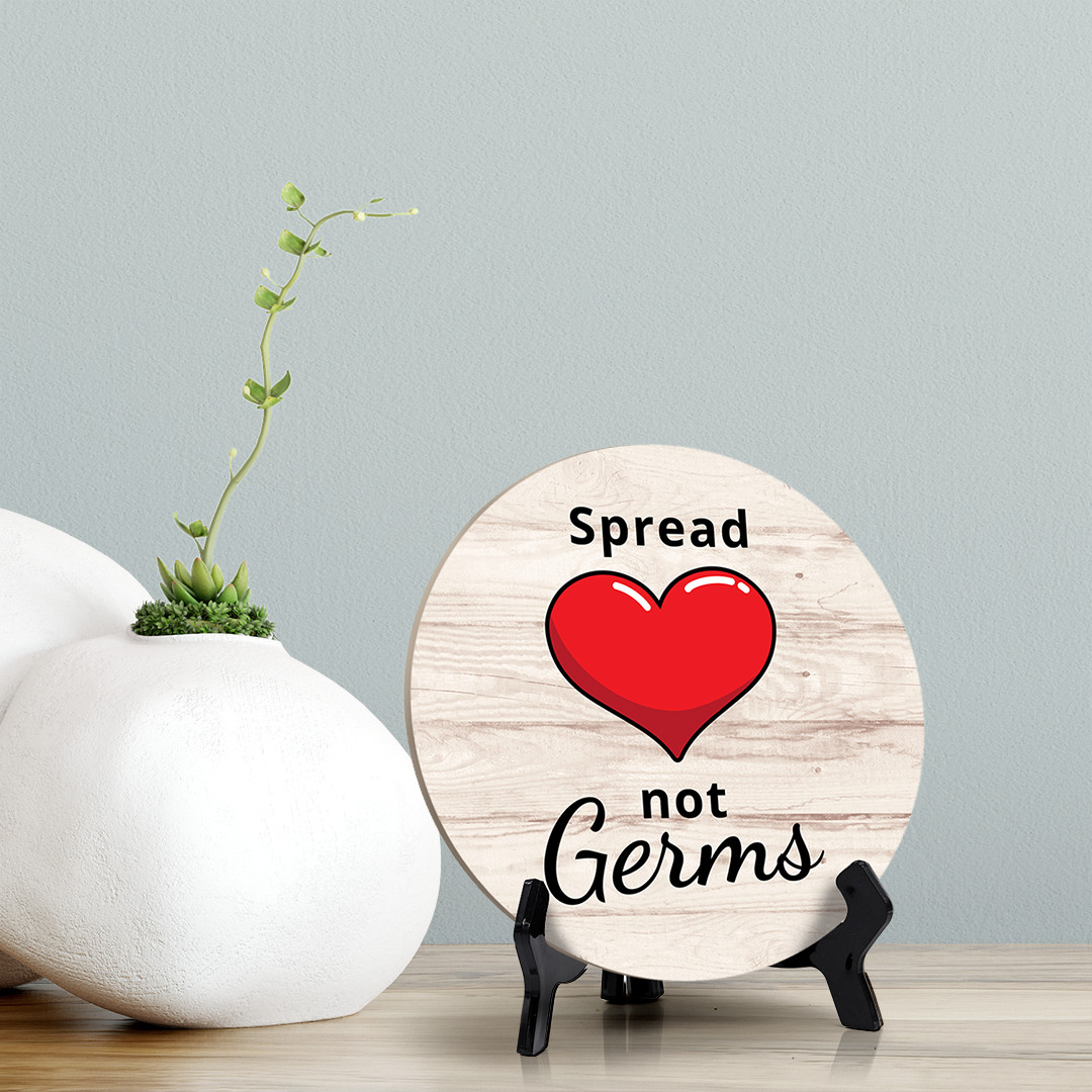 Round Spread Love Not Germs, Decorative Bathroom Table Sign with Easel (5 x 5″)