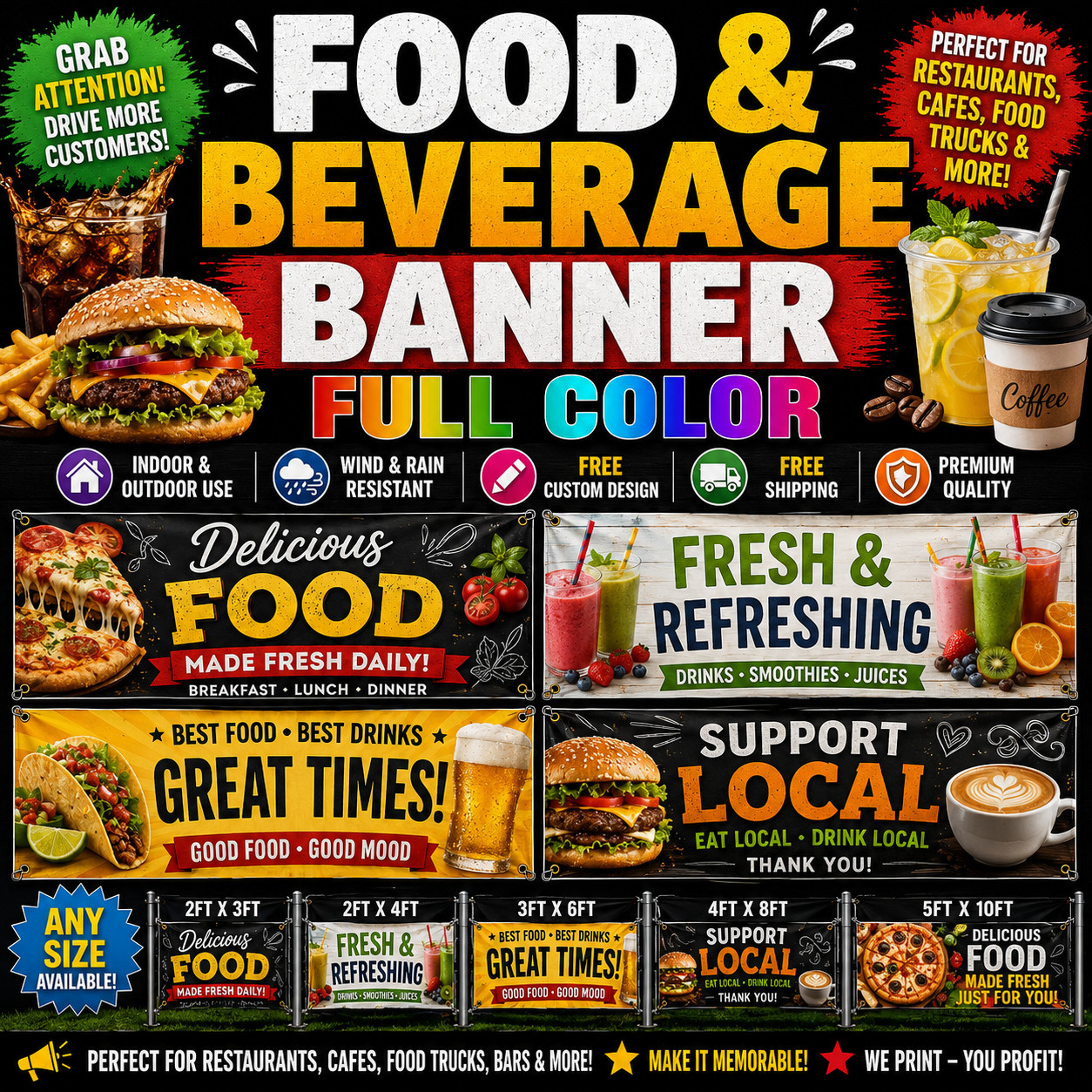 FULL COLOR BANNER INDOOR OUTDOOR USE FOOD AND BEVERAGE TACOS BURGERS PIZZA