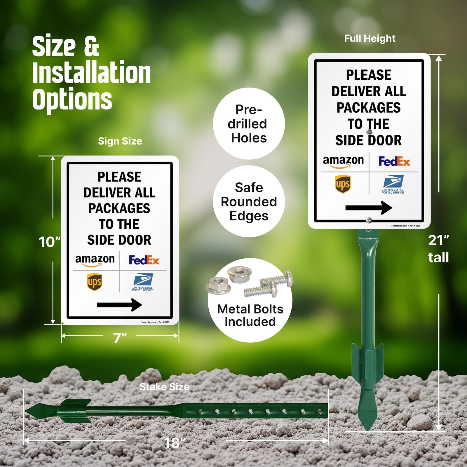 10×7 Inch Sign Deliver All Packages To Side Door Right Arrow 21.5 Inch Stake