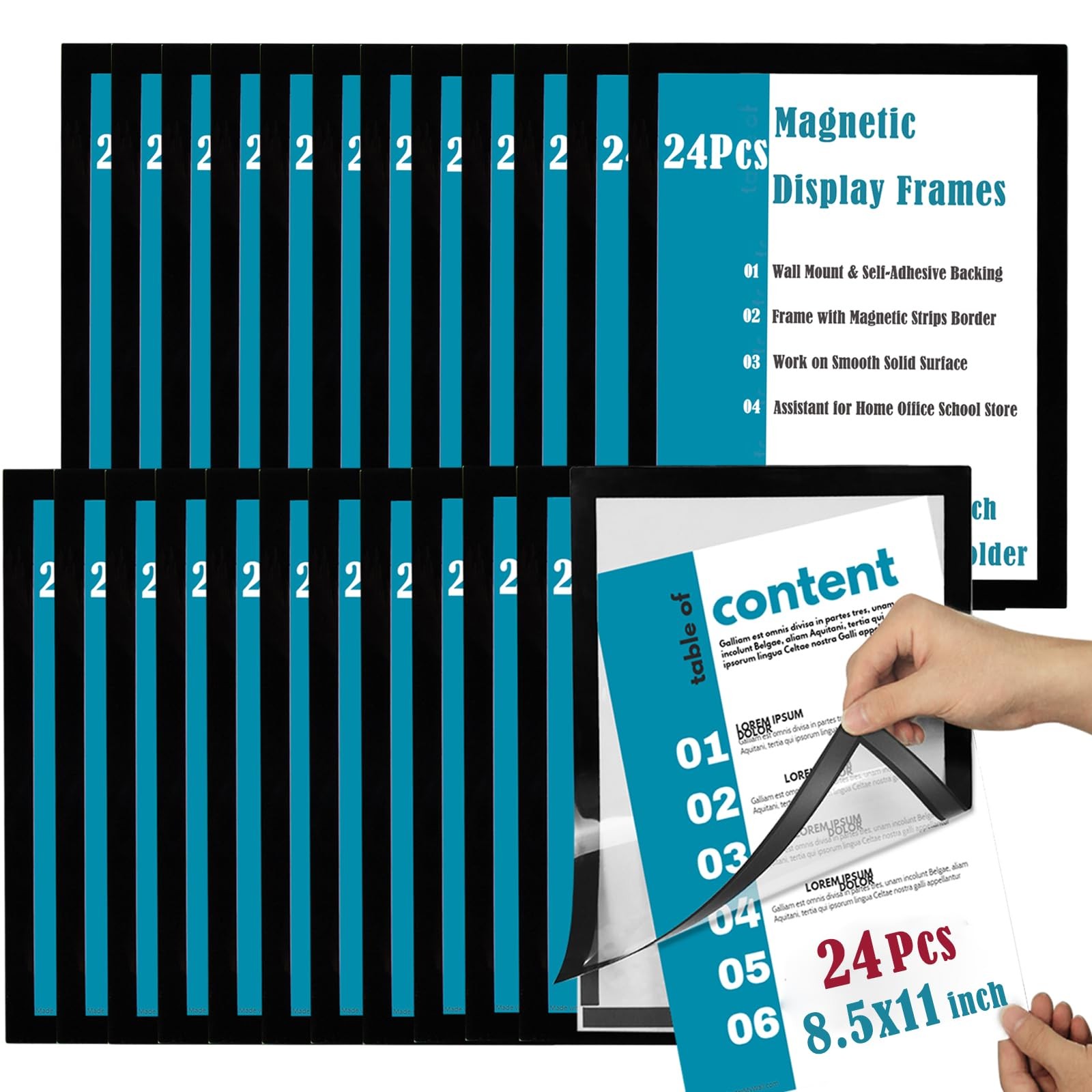 JIUYE 24Pcs 8.5×11 Magnetic Sign Holder Wall Mount,Self-Adhesive 24Pcs, Black