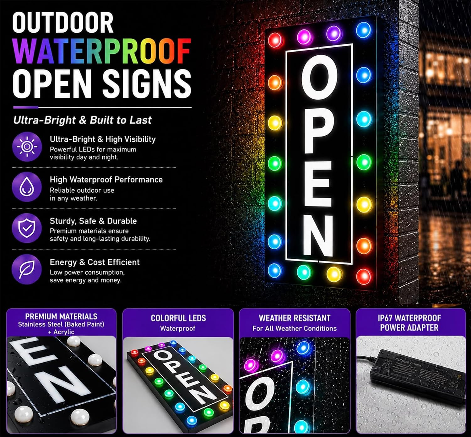 Large Outdoor Waterproof Open Sign LED, LED Open Signs for Business, Ultra
