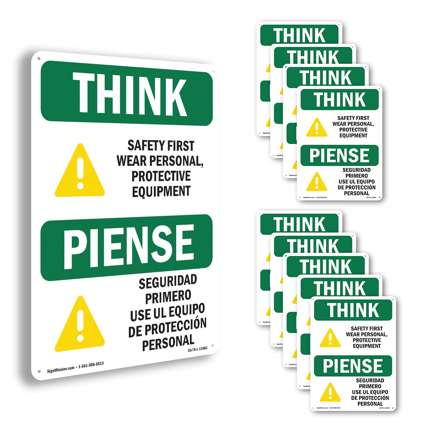 Wear PPE Symbol Bilingual OSHA Think Sign Metal, Plastic, Decal – 5 or 10 Pack