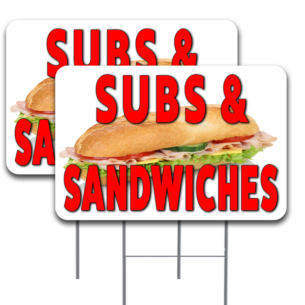 SUBS AND SANDWICHES 2 Pack Double-Sided Yard Signs 16″ x 24″ with Metal Stakes (
