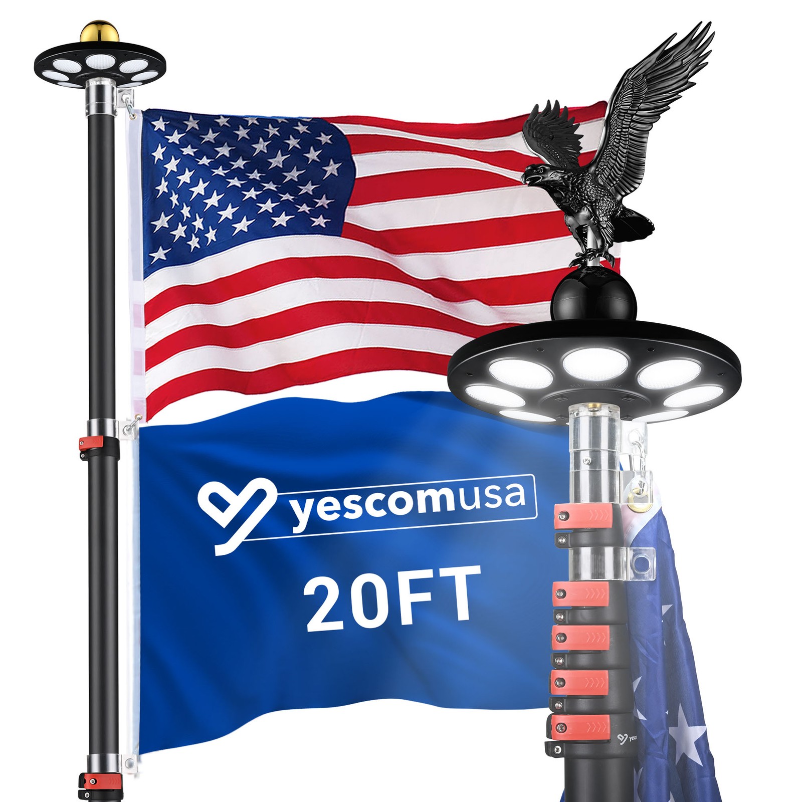 Yescom EZ GO 20′ Telescopic Flag Pole Kit Solar Light US Flag Eagle Topper Black