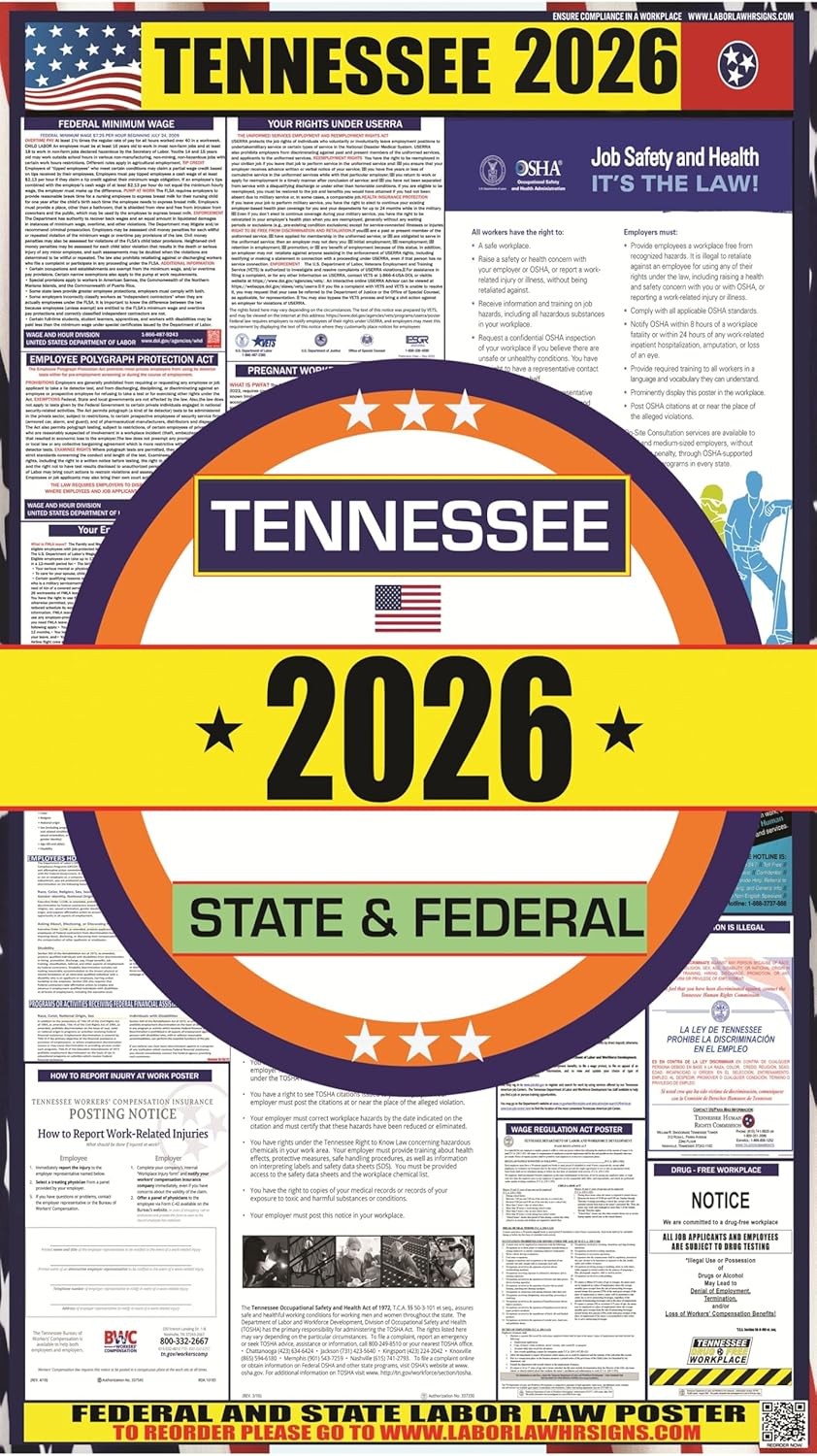 2026 Tennessee (TN) Labor Law Poster OSHA Federal State Laminated English
