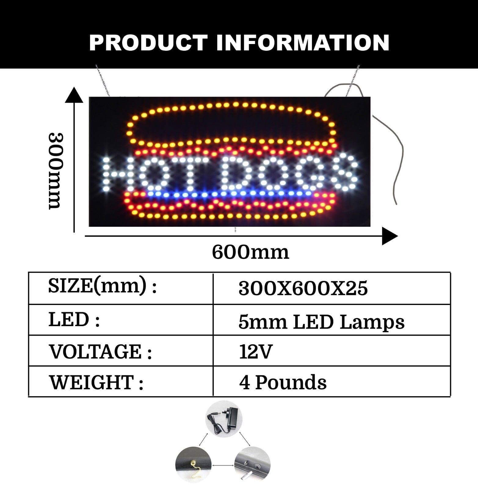 LED Hot Dogs Sign for Business Displays | Light Up Sign | 12″H x 24″W x 2″D