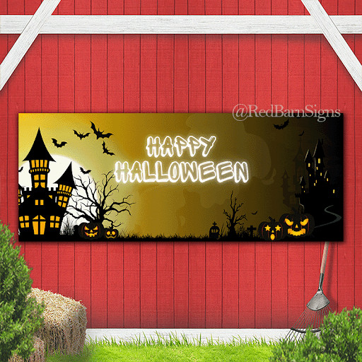 Happy Halloween haunted houses graveyard scary pumpkins banner