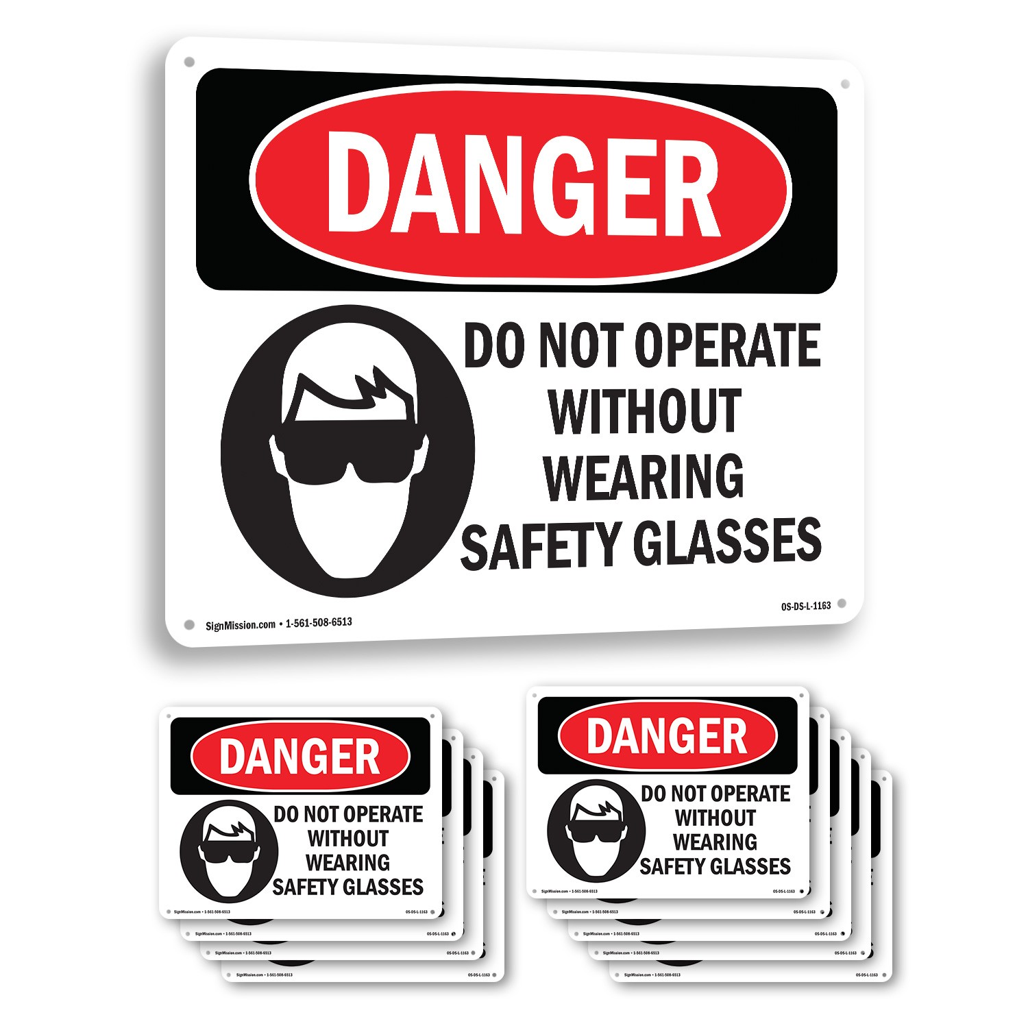 Do Not Operate Without Safety Glasses OSHA Danger Sign Or Decal – 5 or 10 Pack