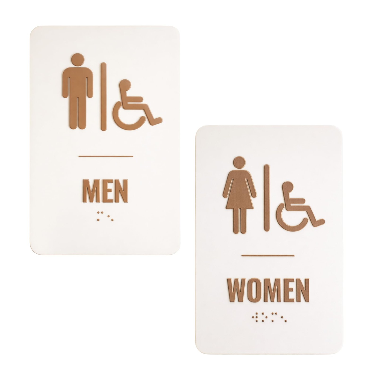 ADA Restroom Sign Men/Women/Unisex Braille 6×9 Inch Beige/Brown Pair Door