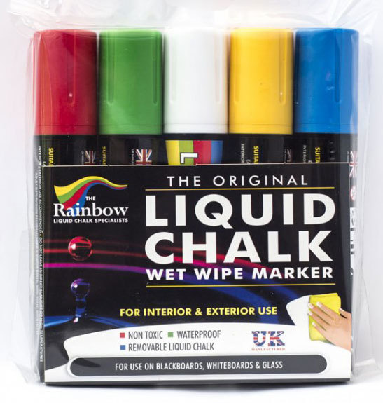 RAINBOW CHALK LIQUID CHALK PEN 15MM BROAD NIB 5 PACK ASSORTED USE ON BLACKBOARDS