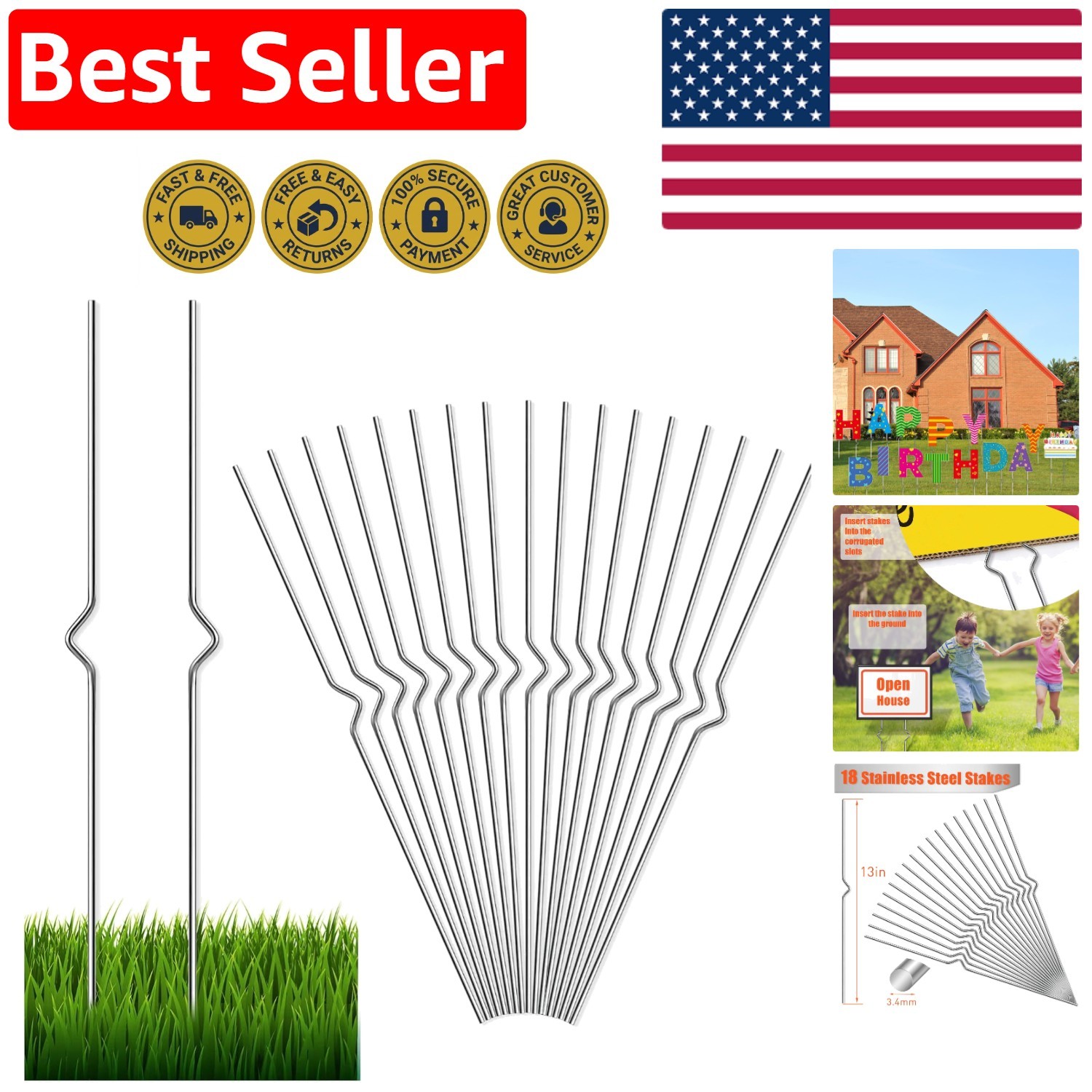 18-Pack Heavy Duty Stainless Steel Yard Sign Stakes – Adjustable 13” Holders
