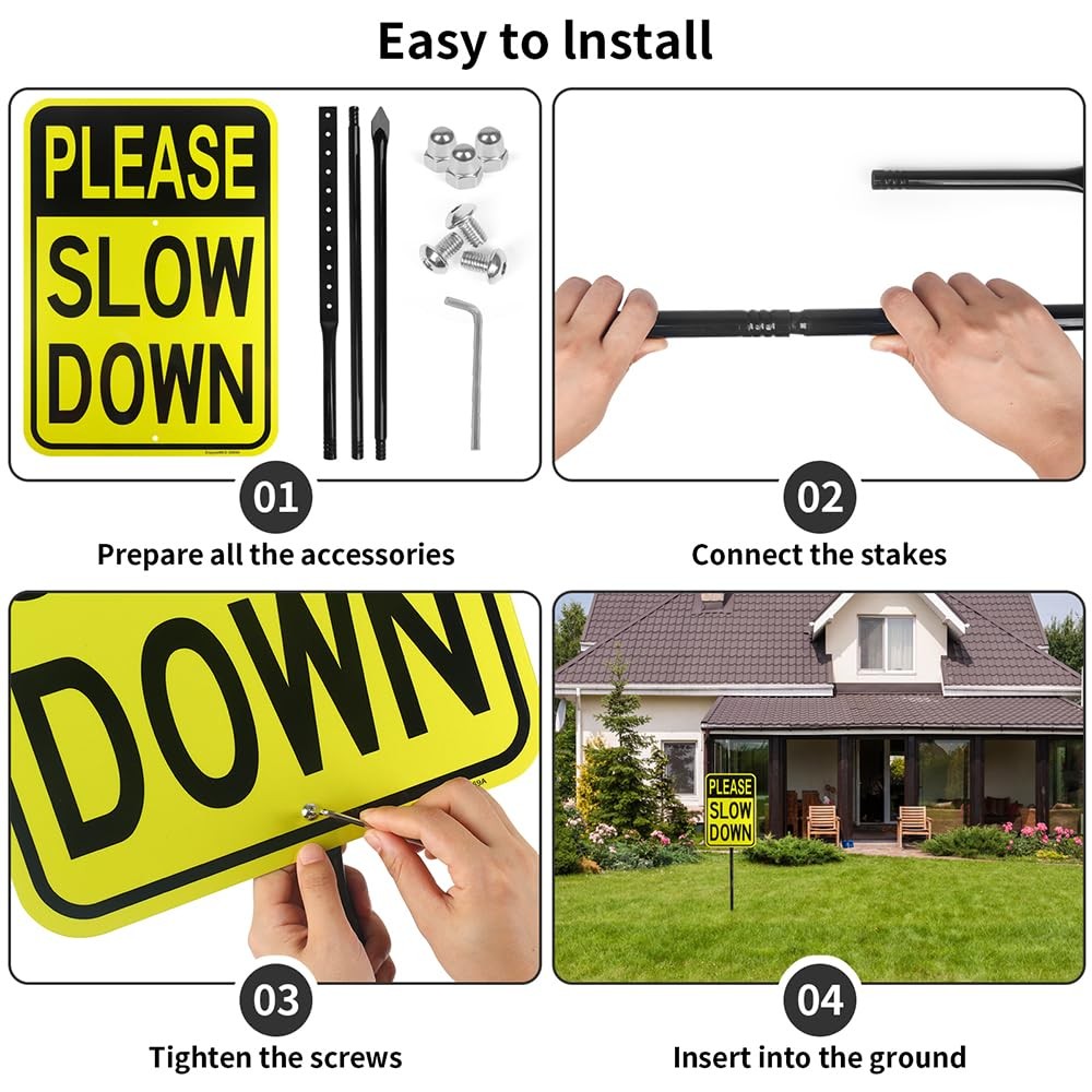 Large Please Slow Down Sign With 54 Inch Metal Stake 17×12 Aluminum Guard