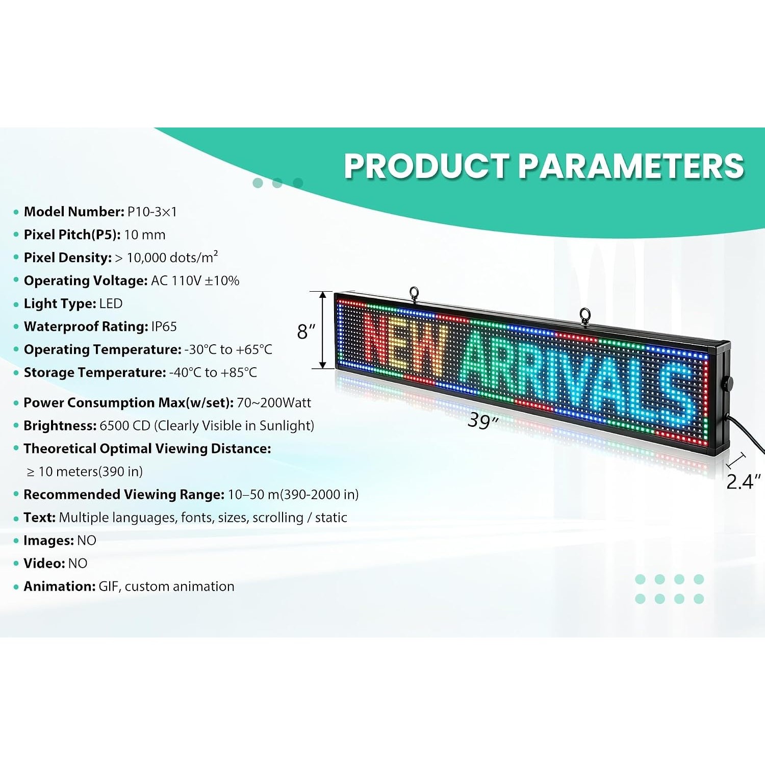 P10 Outdoor LED Sign 39×8 Full Color Programmable Scrolling Message Board WiFi