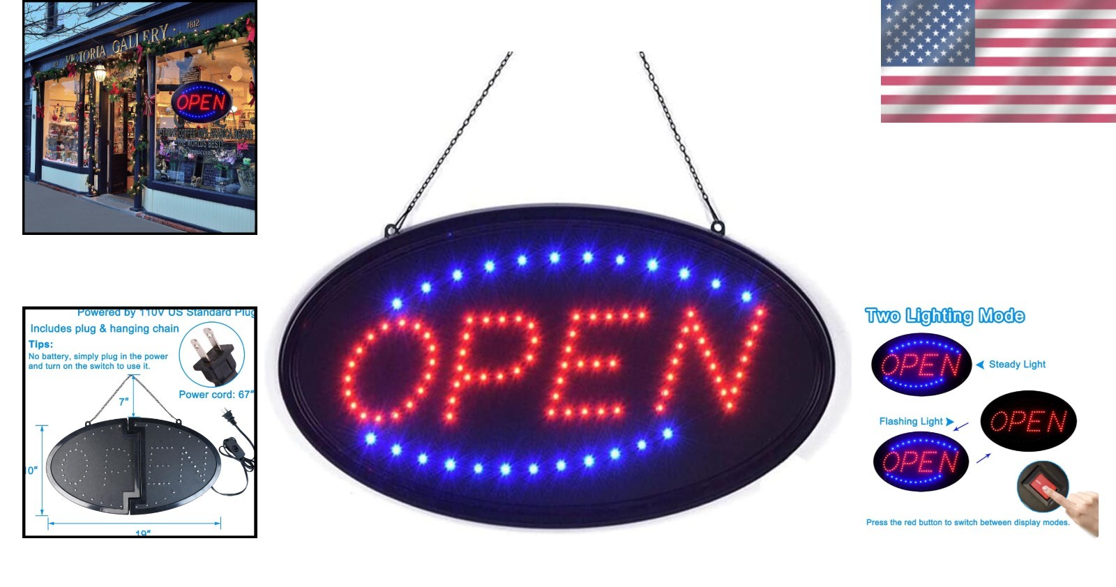 High Visibility Open Sign, 19″x10″ Flashing Light