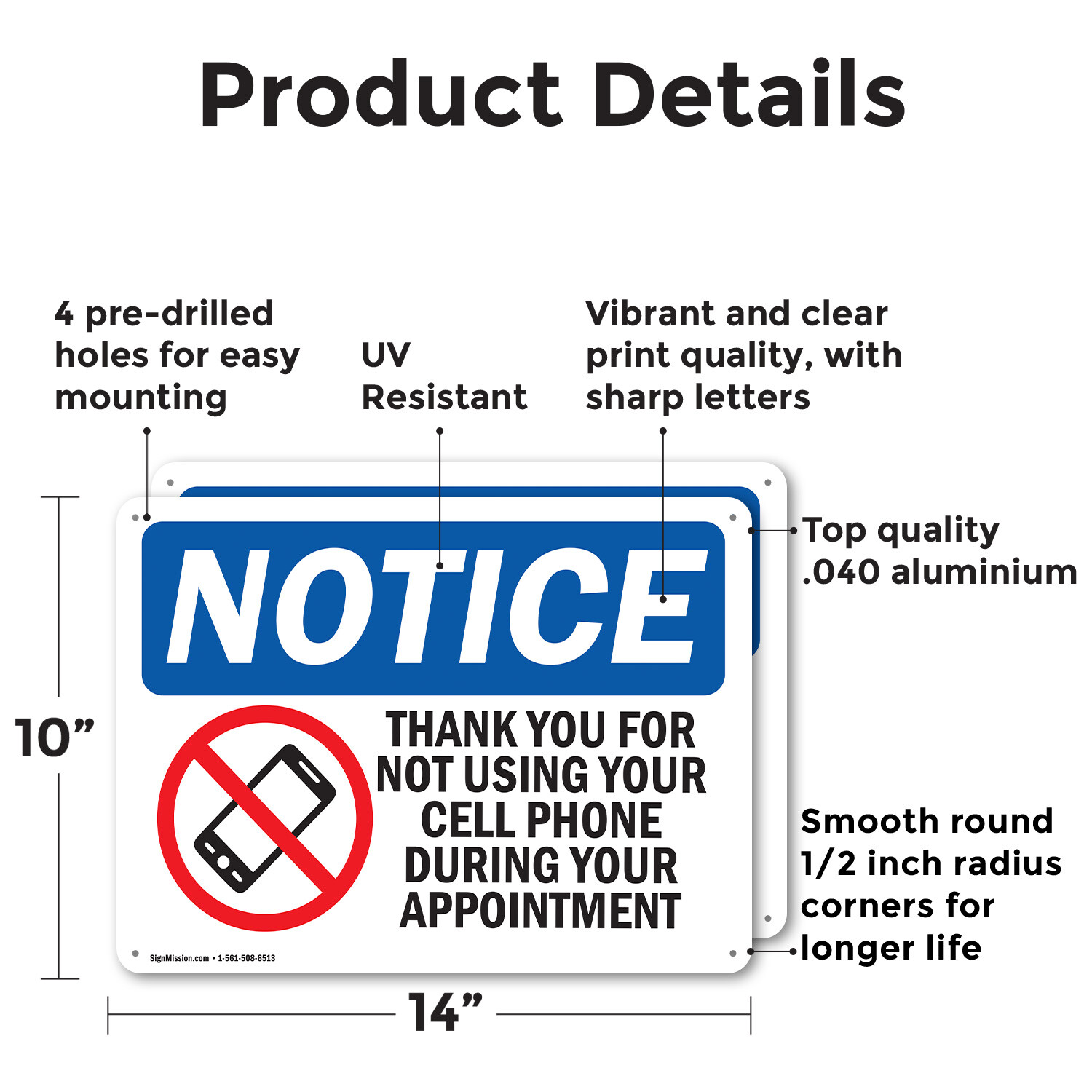 (2 Pack) No Cell Phone During Your Appointment OSHA Notice Sign Decal Metal