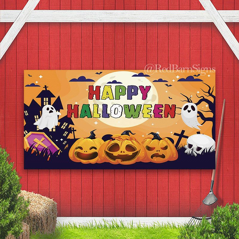 Happy Halloween Banner, Pumpkin Happy Halloween Backdrop, Orange Halloween Party