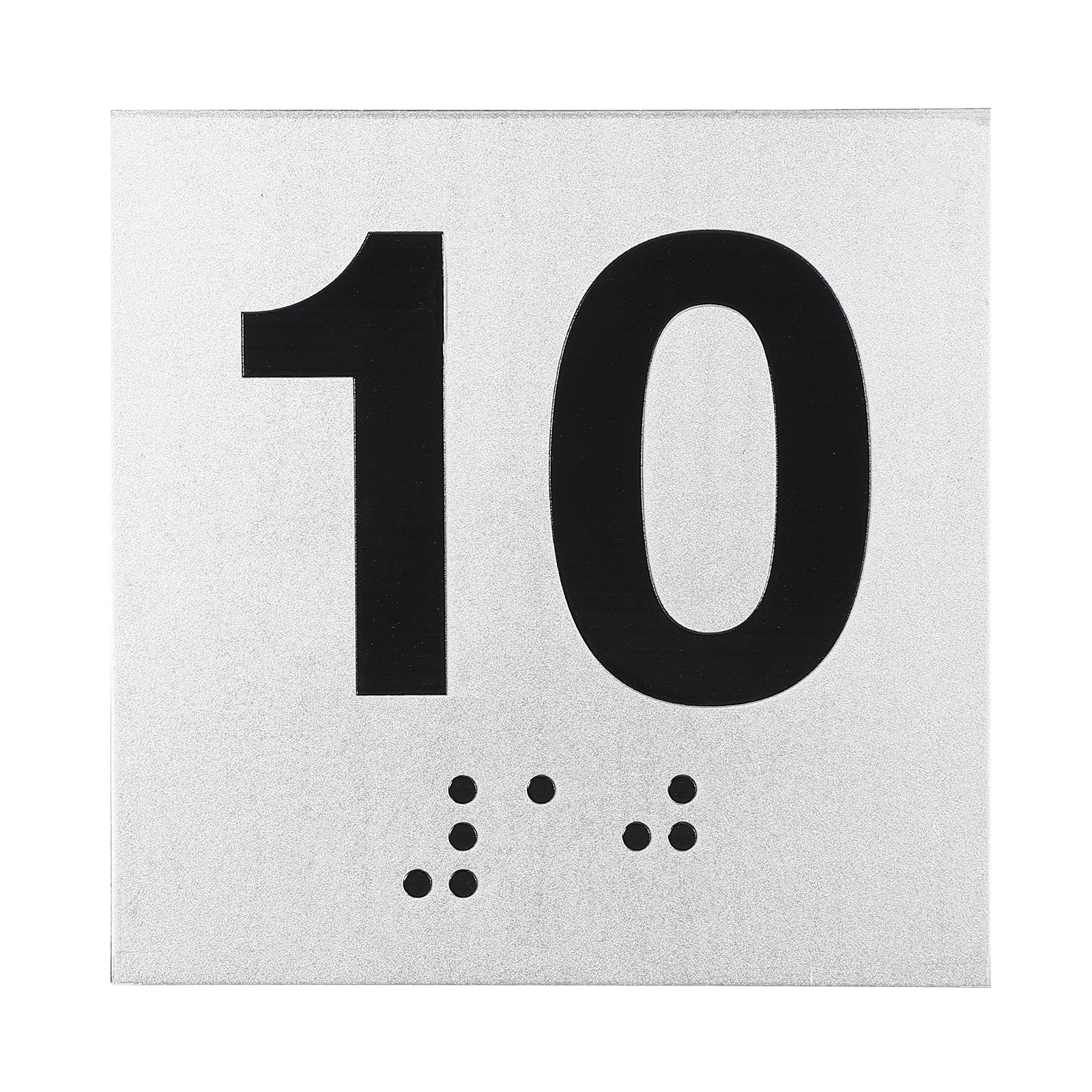 Exam Room Number Sign, 4″ x 4″ Number 10 Sign with Braille, Black on Silver