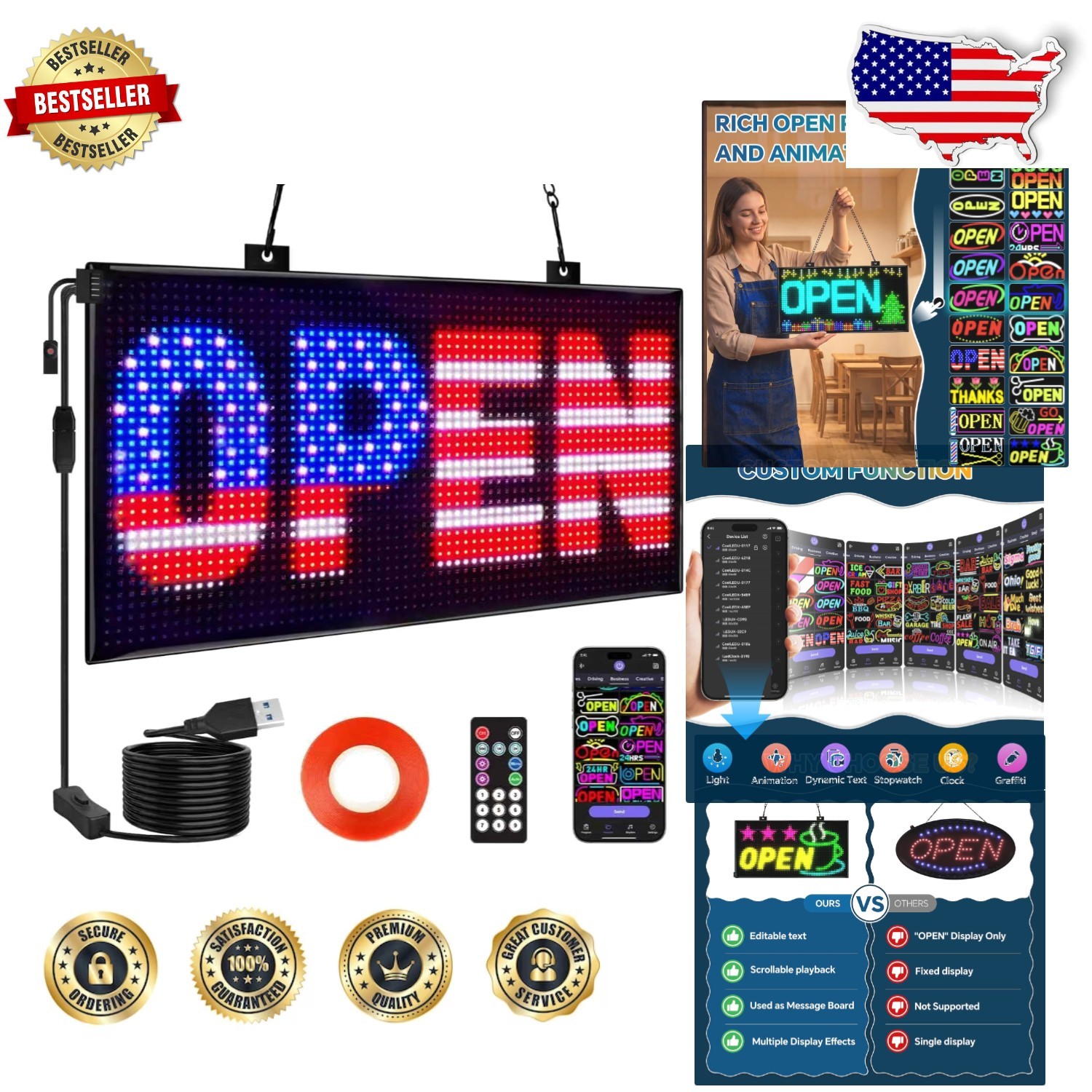Huge 20″x12″ LED Open Sign – Multicolor Programmable Scrolling Display w/ Remote