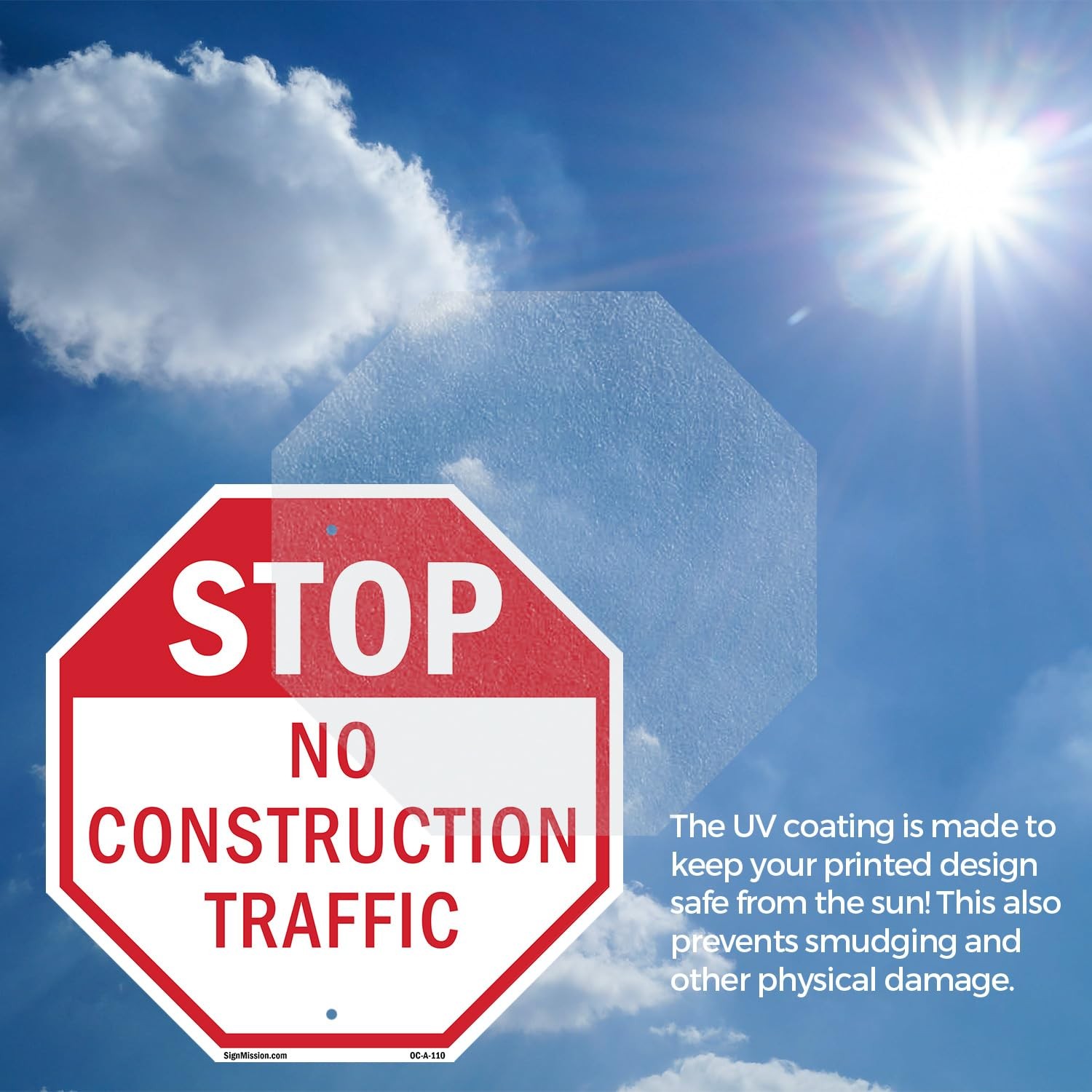 Stop No Construction Traffic 18 inch X 18 inch Octagon Plastic Sign Weather R…