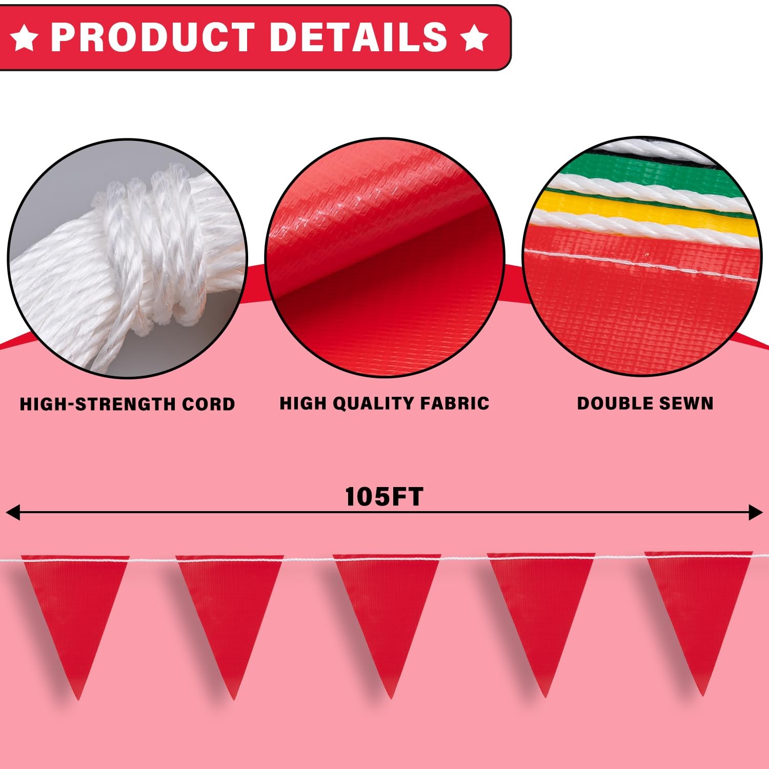 105ft Red Pennant Banner Flags 7×10 45 Pcs High Visibility Safety Outdoor Events