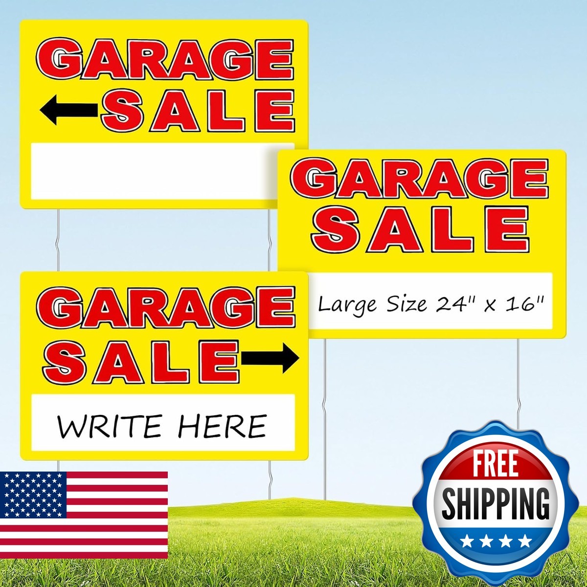 SPVIKISGO Garage Sale Sign 24″x16″ 3PCS Double-Sided Yellow Extra Large Arrow