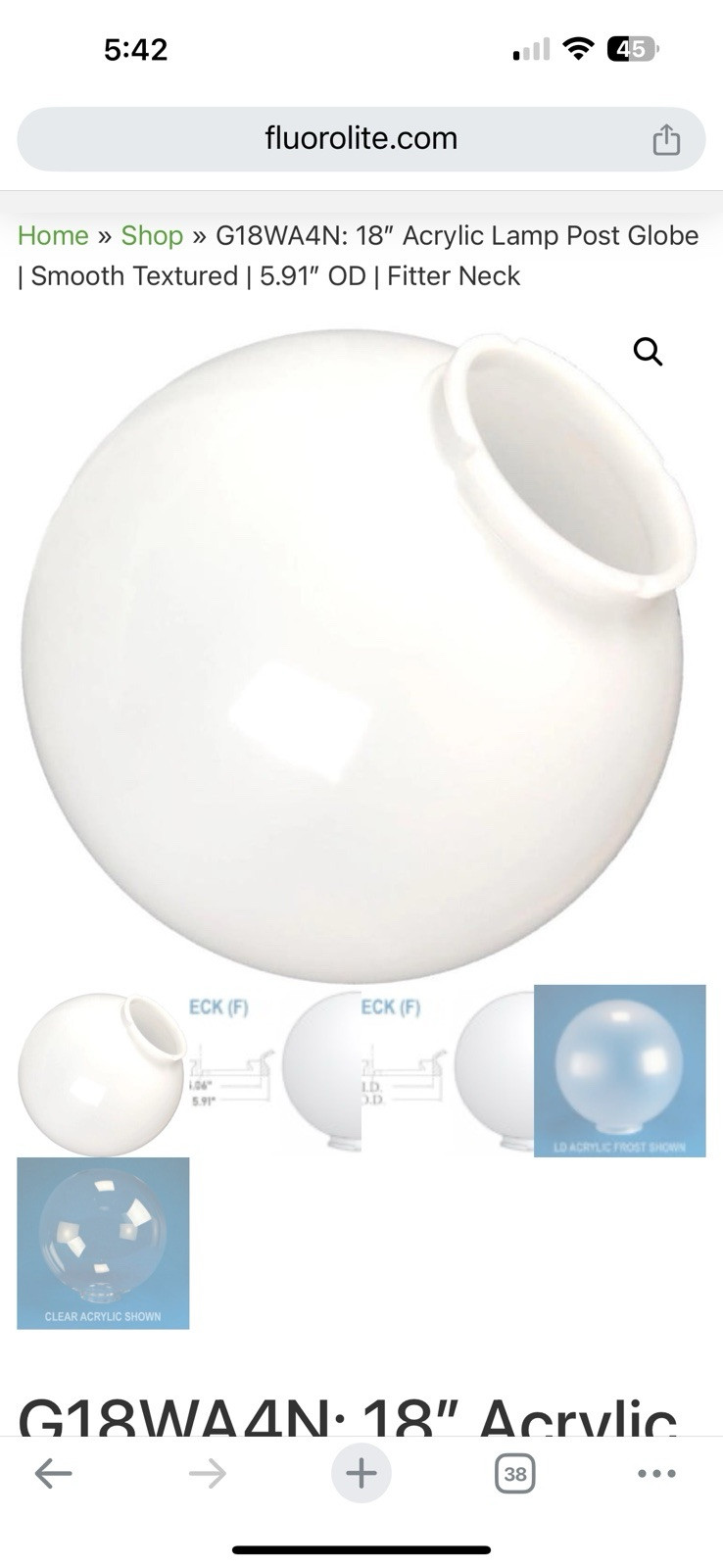 18″ Acrylic Lamp Post Globe | Smooth Textured | 5.91″ OD | Fitter Neck