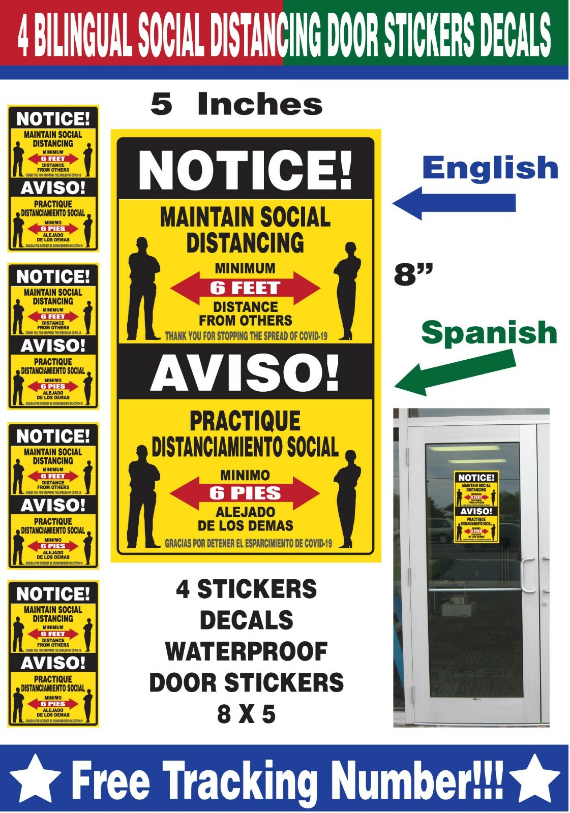 4 Social Distancing Stickers – Social Distance Decals – Bilingual Signs – 8×5