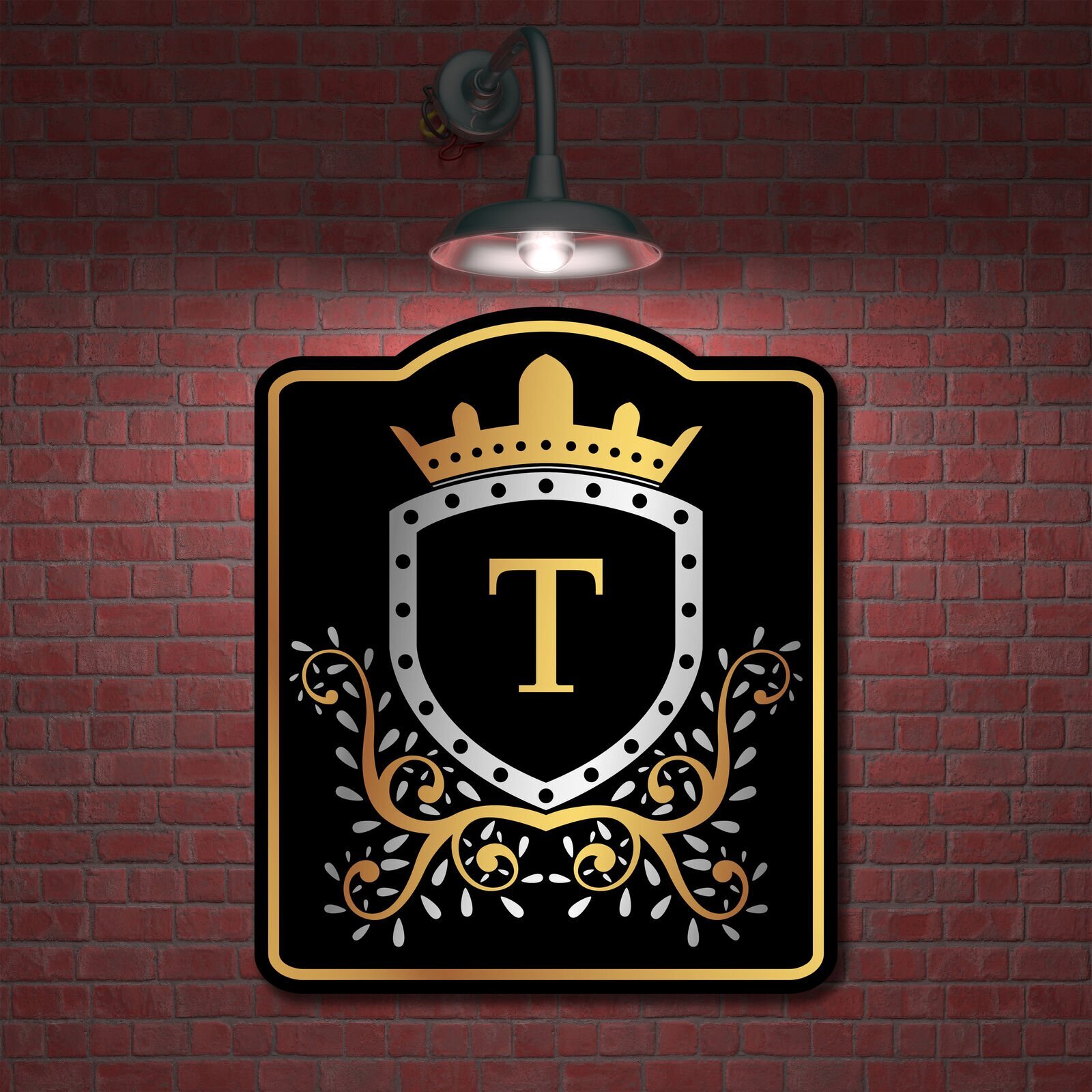 Letter T Initial Fancy Gold Crown Royal BLACK Aluminum Composite Sign