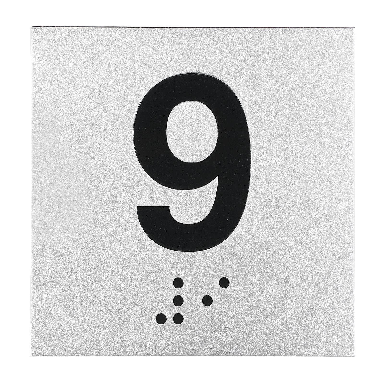 Exam Room Number Sign, 6″ x 6″ Number 9 Sign with Braille, Black on Silver