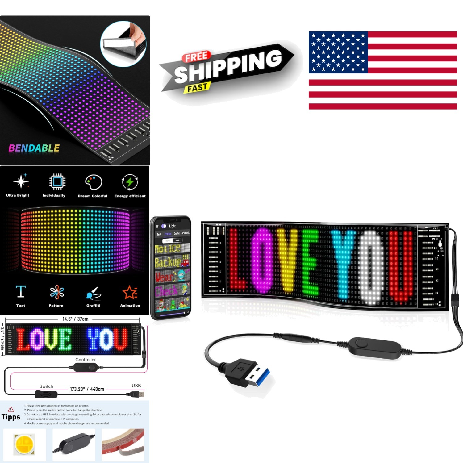 Flexible LED Sign with Bluetooth Control 15 Inch by 4 Inch for All Occasions