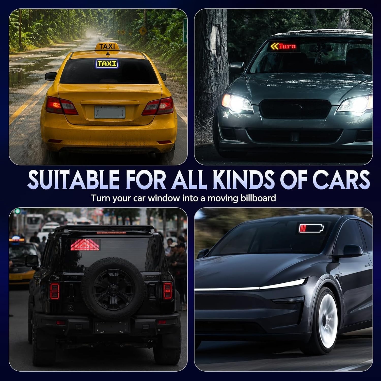 Colorful 11″x5″ Programmable LED Car Sign with Flexible Installation Options