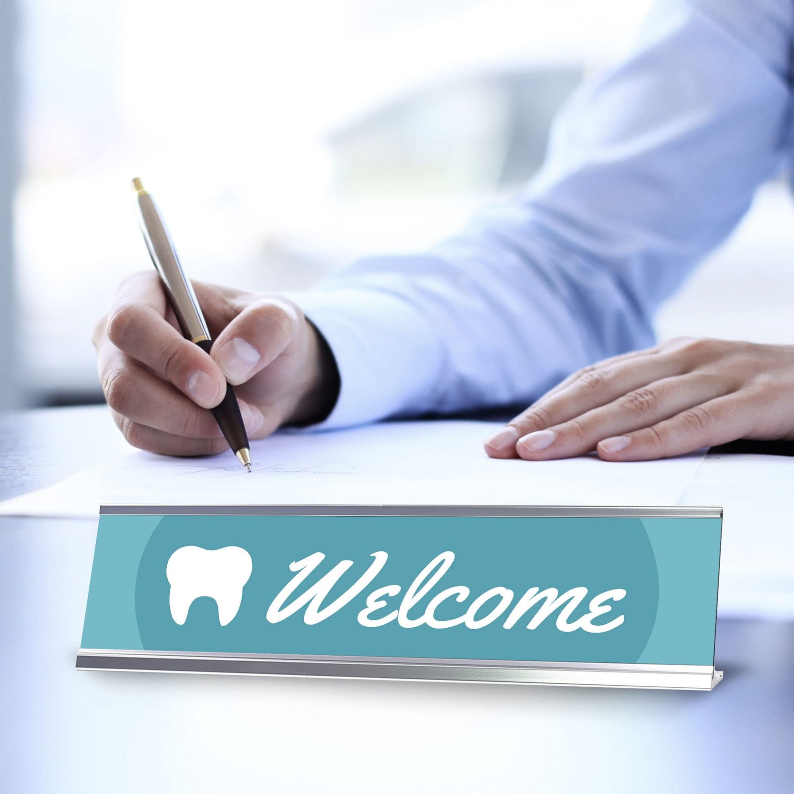 Signs ByLITA Welcome Dental Office Decor Silver Frame, Desk Sign (2×8“)