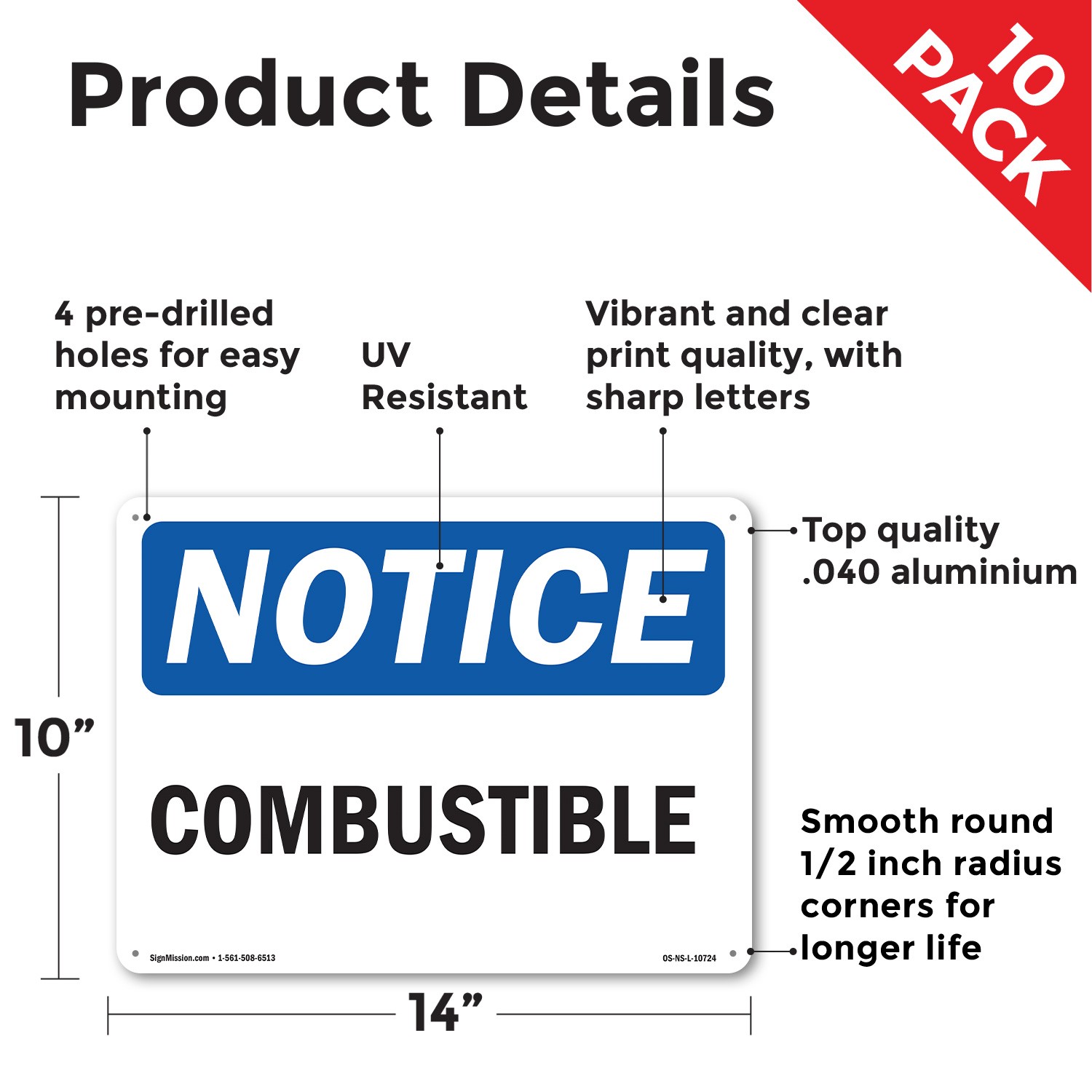 Combustible OSHA Notice Sign Metal, Plastic, Or Decal – 5 or 10 Pack