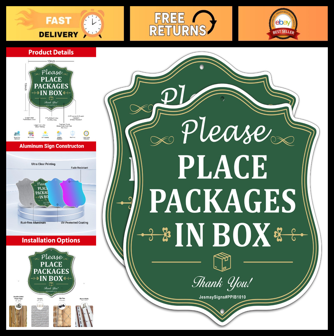 2 Pack Package Delivery Signs 10″x10″ – Rust-Free Aluminum, Weather Resistant, E