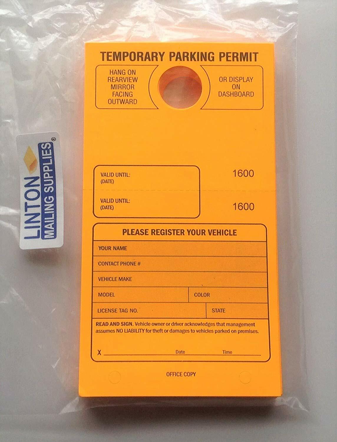 Temporary Parking Permit,7-3/4″ x 4-1/4″, Bright Fluorescent Orange – Pack of 50