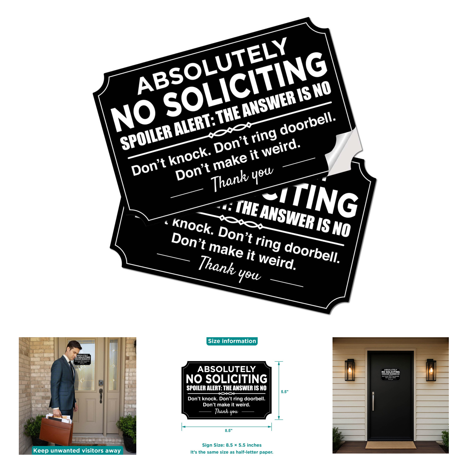 No Soliciting Sign Pack Black PVC Weatherproof Stickers for Front Door 8.5×5.5