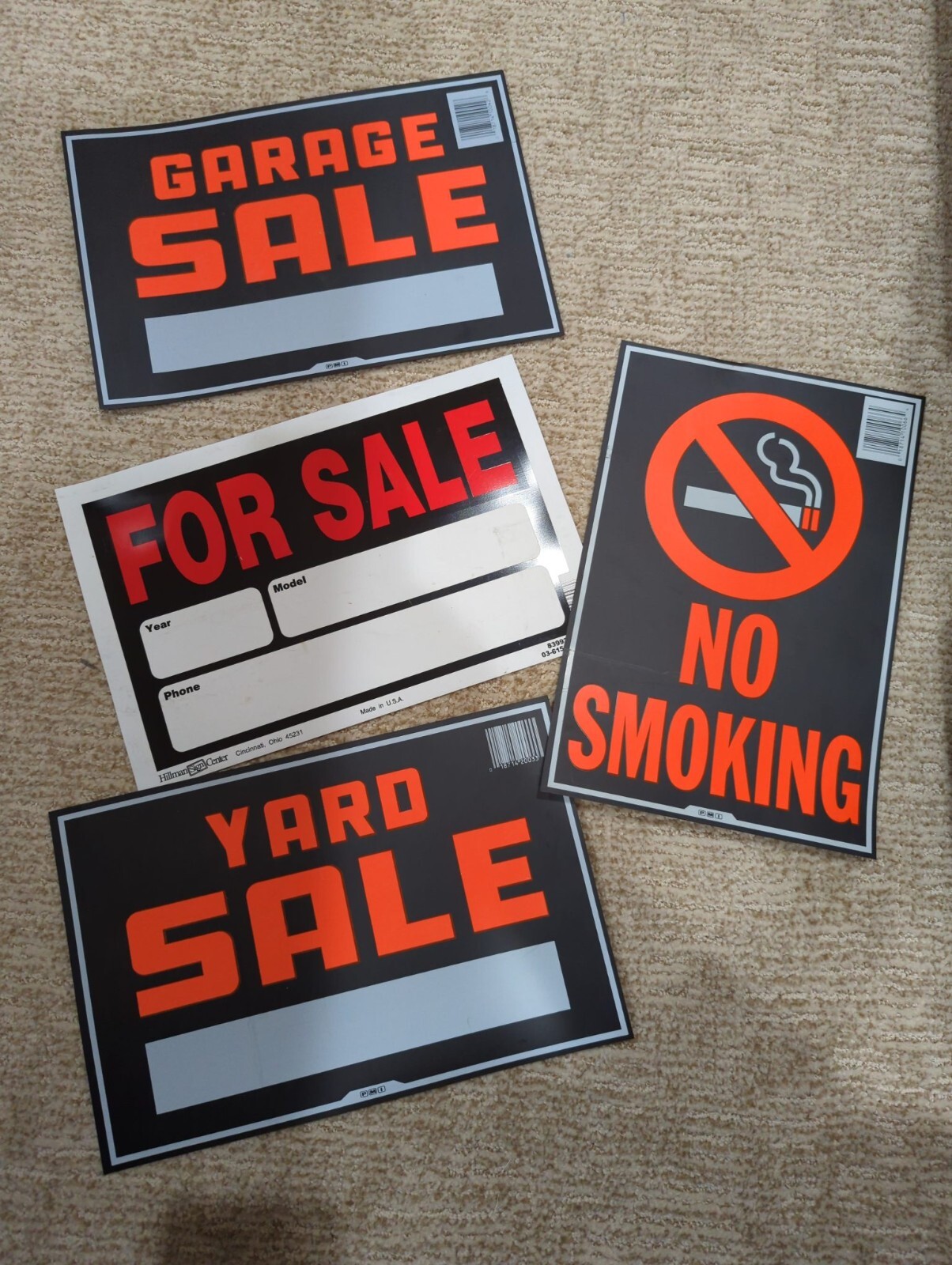 Lot of 4 8″ x 12″ Signs Fade Resistant Auto, Garage, Yard Sale & No Smoking