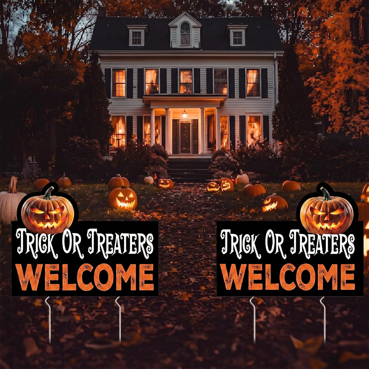 3 Pcs Large Trick or Treaters Welcome Halloween Yard Signs with 6 Metal Stakes,