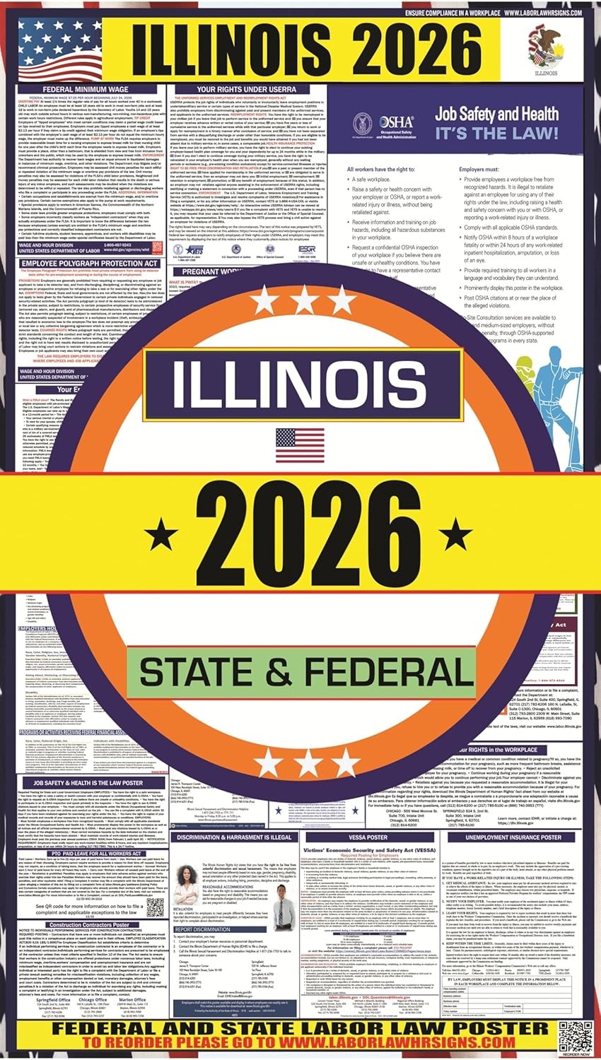 2026 Illinois (IL) Labor Law Poster OSHA Federal State Laminated English