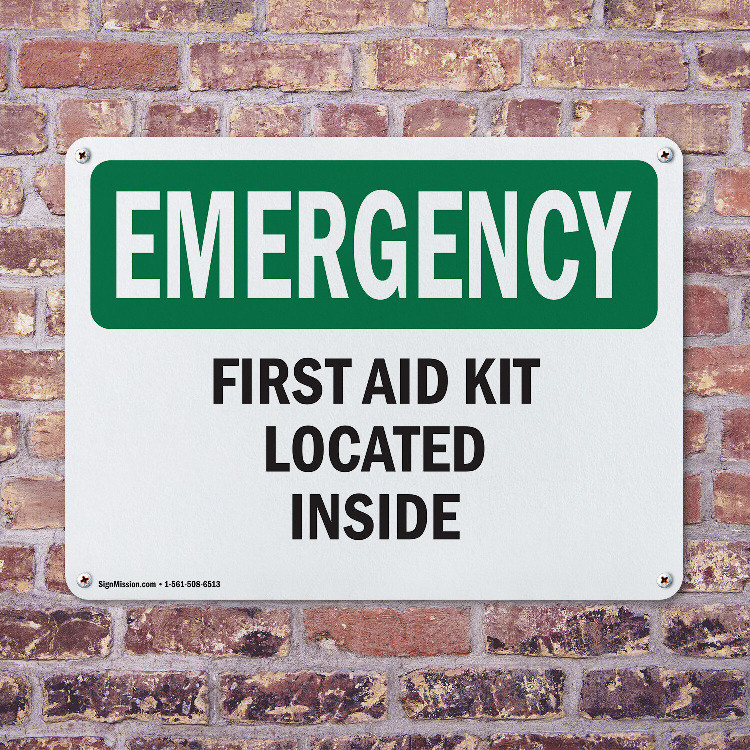 (2 Pack) First Aid Kit Located Inside OSHA Emergency Sign Decal Metal Plastic