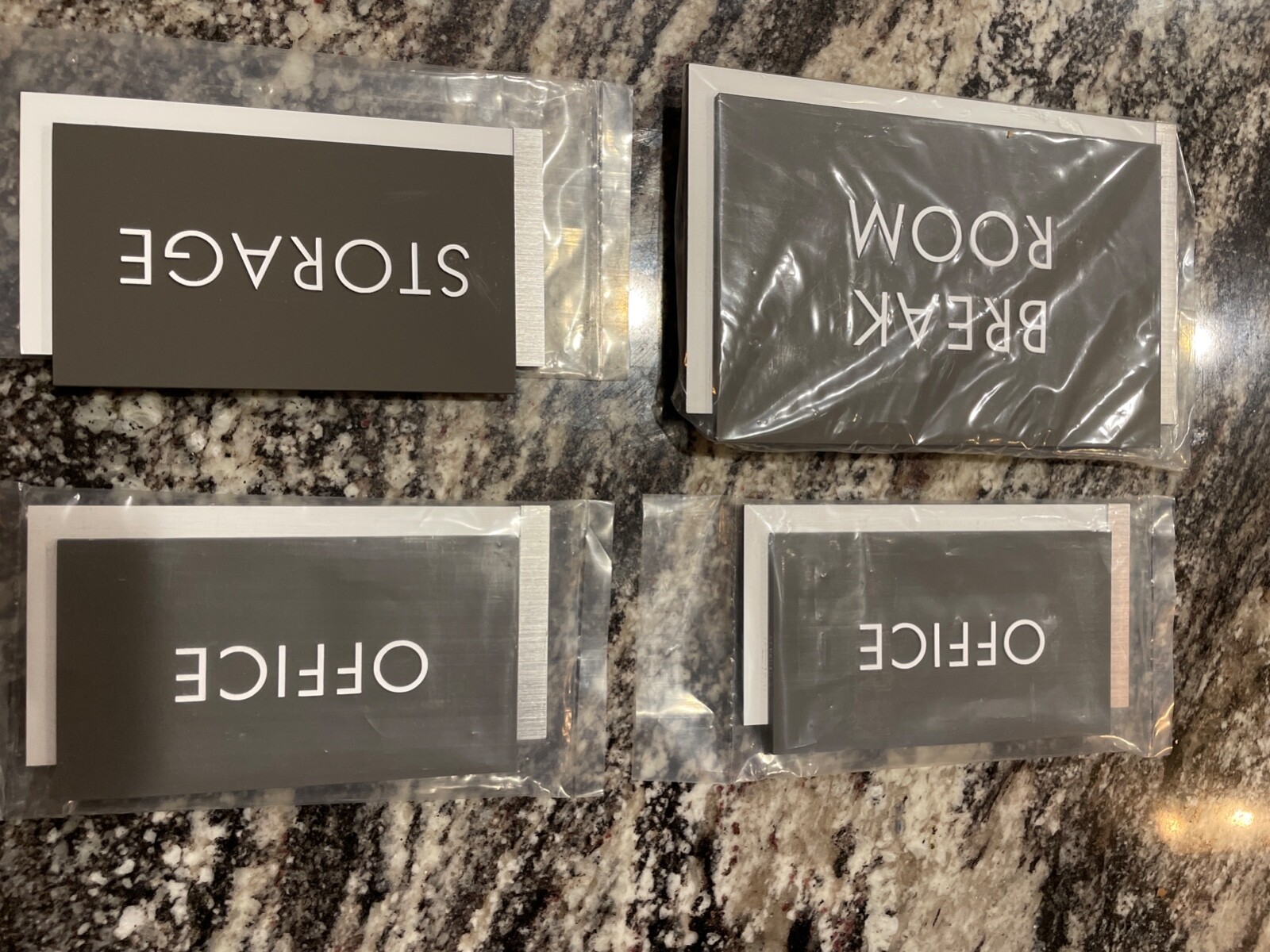 business signs: small office sign package, 3.5×6 and 5×8, dark gray and white. 