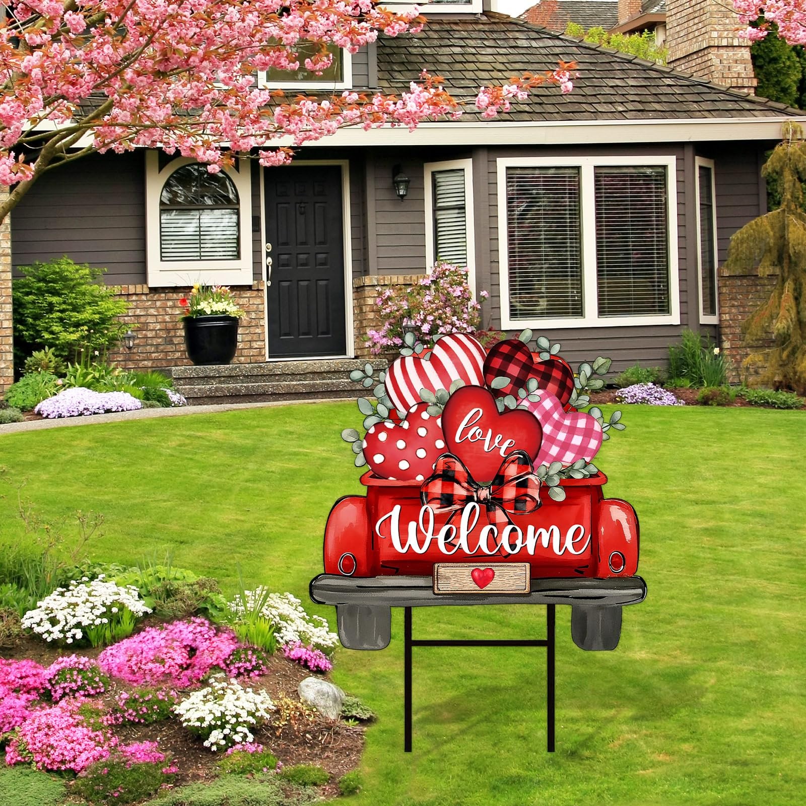 JarThenaAMCS Valentine’ s Day Metal Garden Stake Welcome Yard Sign Red Love Hear