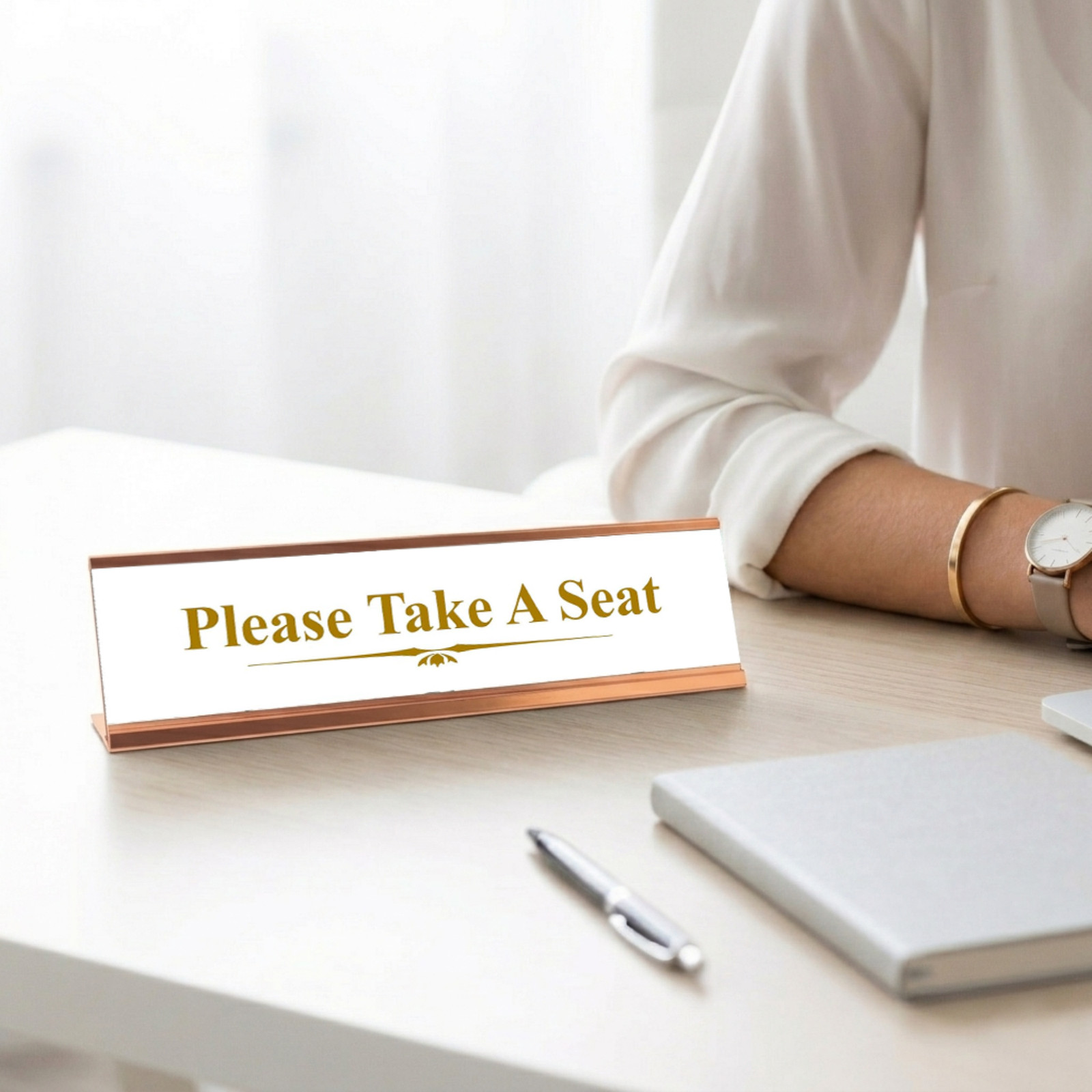 Please Take A Seat, Classy Gold Frame Desk Sign (2 x 8″)