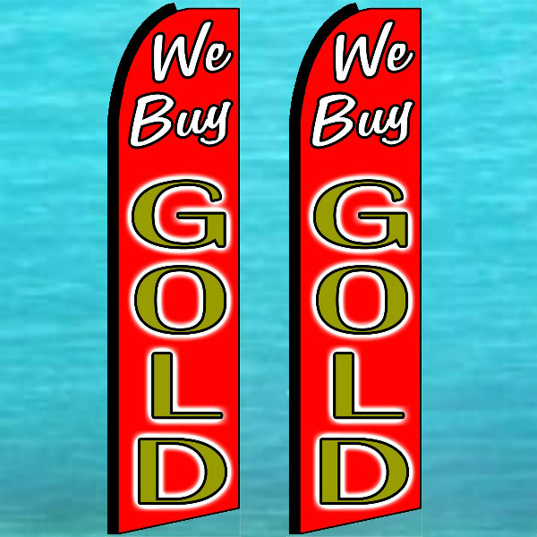 2 WE BUY GOLD FLUTTER FEATHER FLAGS Vertical Advertising Sign Bow Banner Swooper