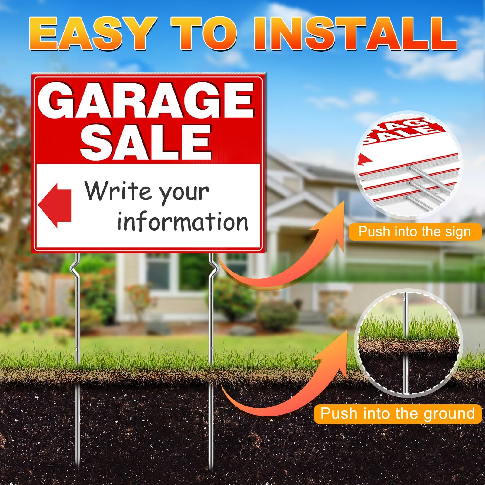 Remiawy Garage Sale Signs 3 Pcs Yard Signs with Metal Stakes 17×13 Inch Double